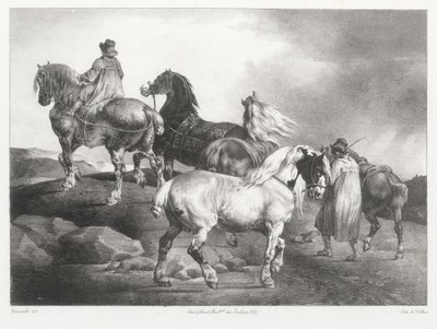 Paarden die naar de kermis worden geleid (Horses Being Led to the Fair) door Theodore Gericault