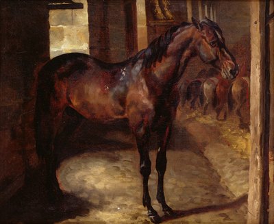 Donkerbruine paard in de stal door Theodore Gericault