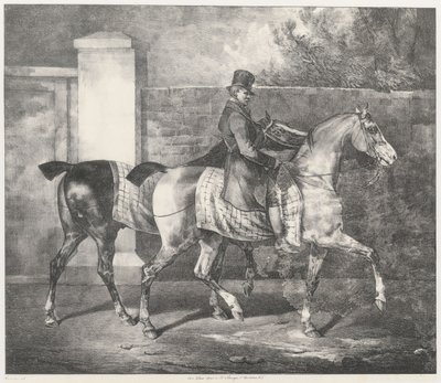 Twee paarden die door een jockey worden uitgelaten (A Groom Exercising Two Horses) door Theodore Gericault