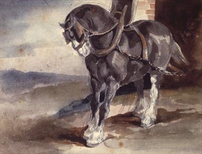 Trekpaard bij een huis door Theodore Gericault