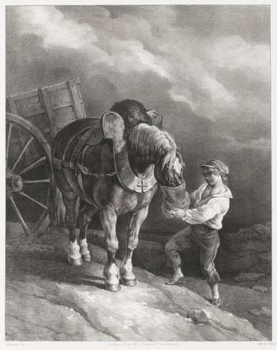 Jongen die haver voert aan een vastgebonden paard (A Boy Giving Oats to a Hitched Horse) door Theodore Gericault