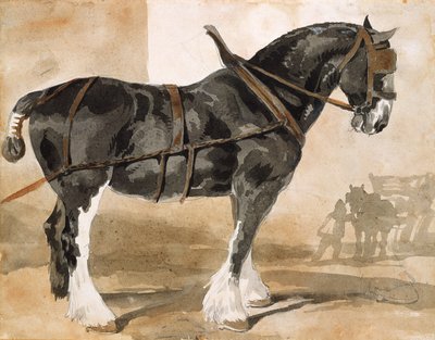 Aangespannen zwart paard door Theodore Gericault