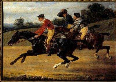 Paardenrennen: Paarden galopperen naar links door Theodore Gericault
