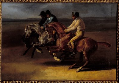 Paardenrace naar links op het moment van de start door Theodore Gericault