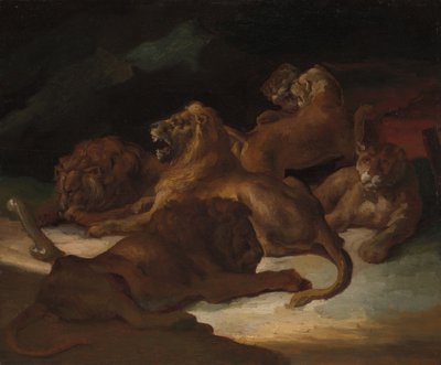 Leeuwen in een bergachtig landschap door Theodore Gericault