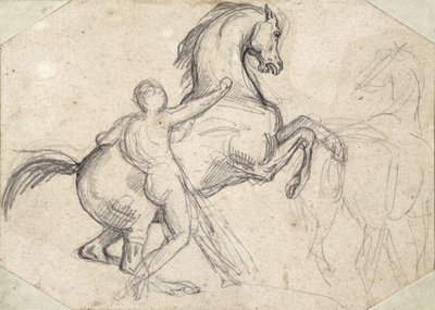 Steigerende hengst vastgehouden door een naakte man door Theodore Gericault