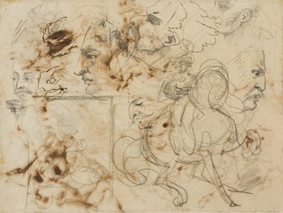 Schetsen van mannengezichten, paardenmuilen en bereden soldaten door Theodore Gericault