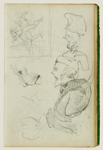 Studies van leeuw, compositorische groepsfiguurstudie, twee karikatuurkopstudies door Theodore Gericault