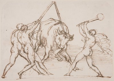Drie mannen die een stier uitdagen door Theodore Gericault