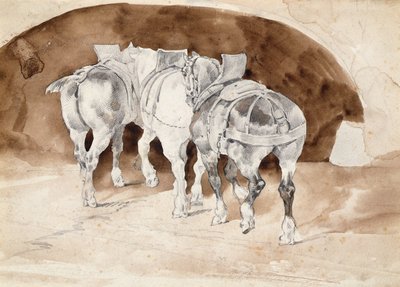 Drie zware paarden in harnas door Theodore Gericault