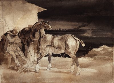 Twee paarden en een slapende stalknecht, ca. 1822-1823 door Theodore Gericault