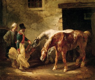 Twee postpaarden bij de deur van een stal door Theodore Gericault