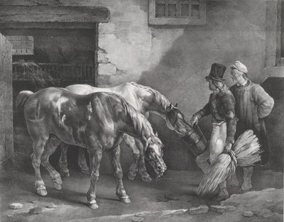 Twee postpaarden bij de deur van een stal door Theodore Gericault