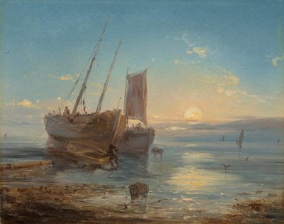 Boten op het strand bij eb door Theodore Gudin
