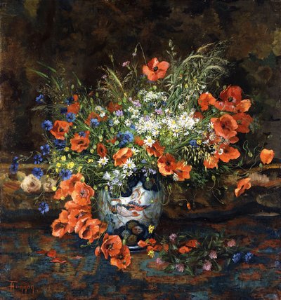 Klaprozen, madeliefjes, boterbloemen en andere bloemen in een Japanse Imari-vaas door Theodore Hannon