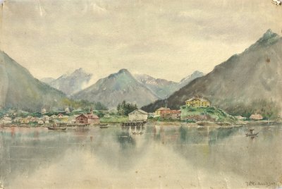 Sitka vanaf de eilanden, met het Russische kasteel door Theodore J. Richardson