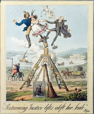 Terugkerende Gerechtigheid Heft Haar Weegschaal Op, uitgegeven door G. Humphrey, Londen, 1821 door Theodore Lane