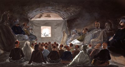Poppenshow op een school in Algerije, ca. 1830 door Theodore Leblanc