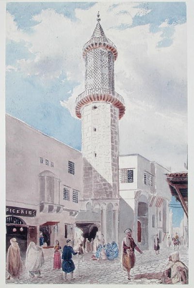 De minaret van de moskee aan Rue de Chartres en Rue Bab-Azoun, Algiers door Theodore Leblanc