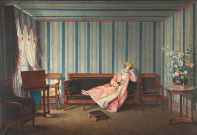 Vrouw in roze liggend op een canapé, 1819 door Theodore Lebrun