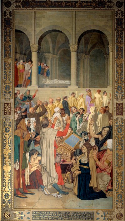 Koning Lodewijk VI de Dikke (1081-1137) en de mensen van Parijs geleid door de bisschop Etienne vragen bescherming aan Sainte Genevieve, patroonheilige van de stad tegen het kwaad van de Ardent (of ergotisme) in 1130 door Theodore Pierre Nicolas Maillot