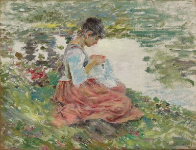 Meisje dat naait bij de rivier, ca. 1891 door Theodore Robinson