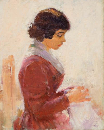 Meisje in rood, naaiend door Theodore Robinson