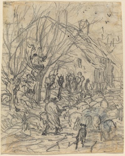 Een kudde schapen voor een boerderij door Theodore Rousseau