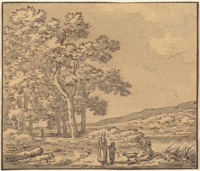 Een Landschap met Drie Figuren en een Hond door Theodore Rousseau