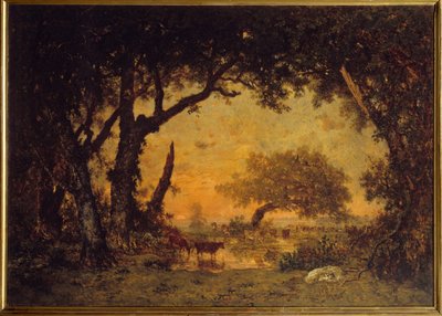Uitgang van het bos in Fontainebleau, zonsondergang door Pierre Etienne Theodore Rousseau