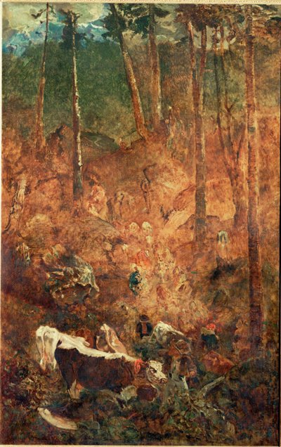 De afdaling van de koeien (schilderij op doek) door Theodore Rousseau