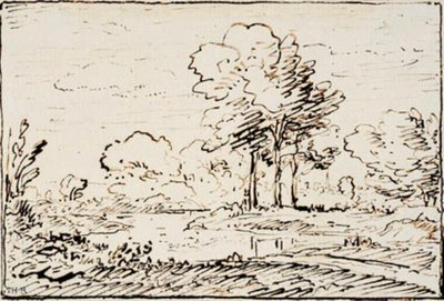 Landschap met drie hoge bomen bij een rivierbocht door Theodore Rousseau