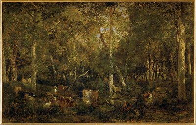 Le Vieux Dormoir du Bas-Breau", een deel van het bos van Fontainebleau (schilderij op doek) door Theodore Rousseau