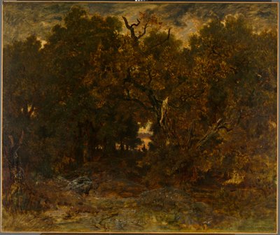 Het verlaten van het bos, Fontainebleau: Ondergaande zon door Theodore Rousseau