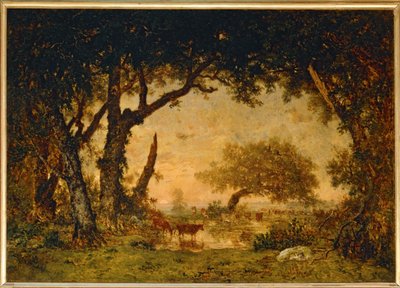 Uitgang van het bos bij Fontainebleau, zonsondergang... door Theodore Rousseau