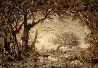 Zonsondergang vanuit het bos van Fontainebleau door Theodore Rousseau