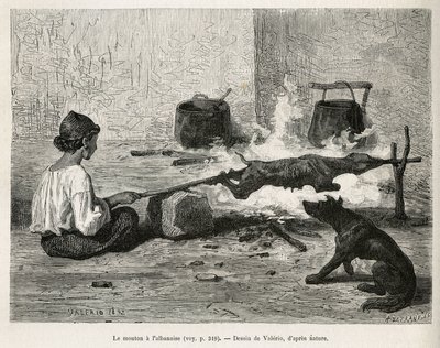 Een jonge Montenegrijn roostert een schaap met de Albanees, zittend voor het vuur en constant draaiend aan de houten pin. Gravure naar de tekening van Valerio, ter illustratie van de reis naar Dalmatië, door Charles Yriarte, in 1874, gepubliceerd in 