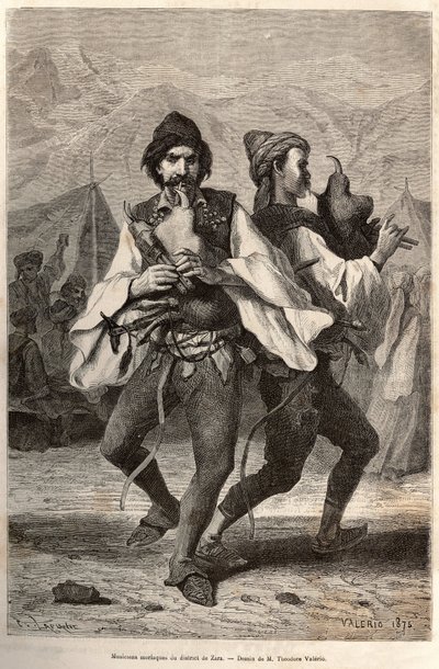 Morlac-muzikanten (of Montenegrijnen) uit het district Zara, gekleed in de lokale klederdracht: wit canvas shirt en over een geborduurd vest, een riem bezaaid met koper en zilver, benen die op de leren schoen vallen, en een soort biniou spelend terwijl ze  door Theodore Valerio