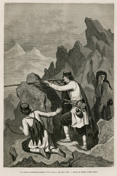 De Montenegrijnse soldaten tijdens de actie, tijdens de Oorlog van 1876, waarbij Servië en Montenegro de oorlog verklaarden aan Ottomaans Turkije, tekening door Valerio, ter illustratie van de reis naar Montenegro in 1874 door Charles Yriarte (1832-1898).  door Theodore Valerio