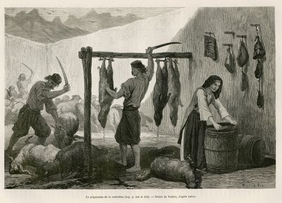 De voorbereiding van de castradina, specialiteit van gezouten en gerookt schapen- en geitenvlees, tegen het einde van oktober, in Dalmatië (Istrië en Herzegovina (Kroatië)), tekening door Valerio, ter illustratie van de reis naar Montenegro, in 1874, door  door Theodore Valerio