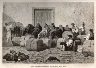 Wanneer Turkse karavanen aankomen bij de douane van Sebenico (Servië), lossen commerciële reizigers de balen van de rug van hun kamelen om de hoeveelheid en aard van de goederen te verifiëren. Gravure naar de tekening van Theodore Valerio, ter illustratie  door Theodore Valerio