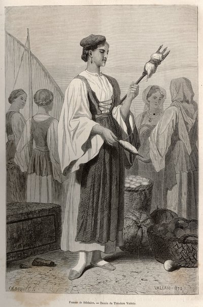 Vrouw van Sebenico (Servië), die spindels gebruikt om wol te spinnen, op het marktplein. Gravure naar de tekening van Theodore Valerio, ter illustratie van een verhaal over Dalmatië, door Charles Yriarte, 1874, gepubliceerd in 
