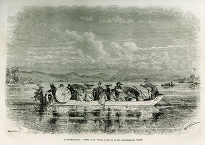 Een boot op de rivier van Hue (Vietnam), tekening door Th. Weber, ter illustratie van het verhaal van acht dagen ambassade in Hue (Koninkrijk Annam), in 1875, door Mr. Brossard de Corbigny, luitenant (N), verbonden aan de missie. Gravure in 