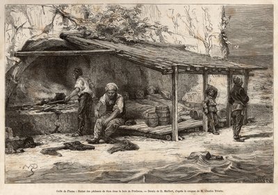 Een tonijnvisserij in de baai van Proelucca, Golf van Fiume (of Rijeka, Istrië), drie vissers slapen nog, gewikkeld in dekens, een ander zal de uitkijk vervangen, een ander zal de keuken voorbereiden en de mos dwaalt aan de voet. door Theodore Weber