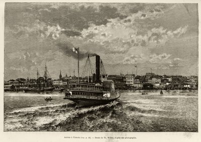 Aankomst in Victoria, Canada. Gravure door Th. Weber, ter illustratie van het verhaal 
