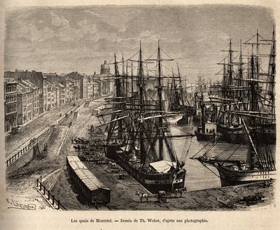 De kades van Montreal. Gravure naar een tekening van Th. Weber. door Theodore Weber