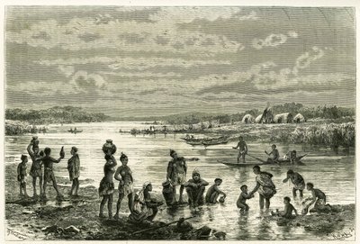 Leven aan de oevers van de Zambeze-rivier, de marutses zijn zeer bezorgd over hun netheid en wassen is voor hen een activiteit van eerste noodzaak. Gravure van Th. Weber, ter illustratie van het verhaal 
