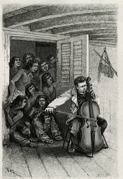 Portret van de reiziger auteur, die cello speelt en een publiek van nieuwsgierigen aantrekt. Gravure door Th.Weber, ter illustratie van het verhaal 
