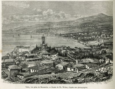 De stad Jalta, genomen vanuit Massandra, tekening door Th. Weber, ter illustratie van het verhaal Vier Maanden in Rusland, in 1876, door F. De Mely. Gravure in Le tour du monde. door Theodore Weber