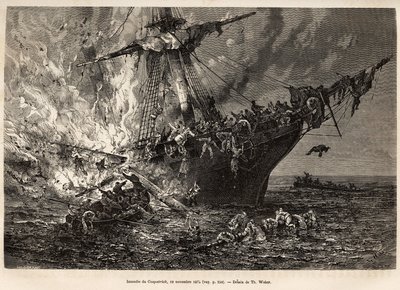 De brand van de Cospatrick, een Brits schip met meer dan 400 emigranten naar Nieuw-Zeeland, op 19 november 1874, gegraveerd naar een tekening van T. Weber, ter illustratie van de studie van stormen en reizen, door Mr. Zurcher en Mr. Margolle, in 1870-1874, door Theodore Weber